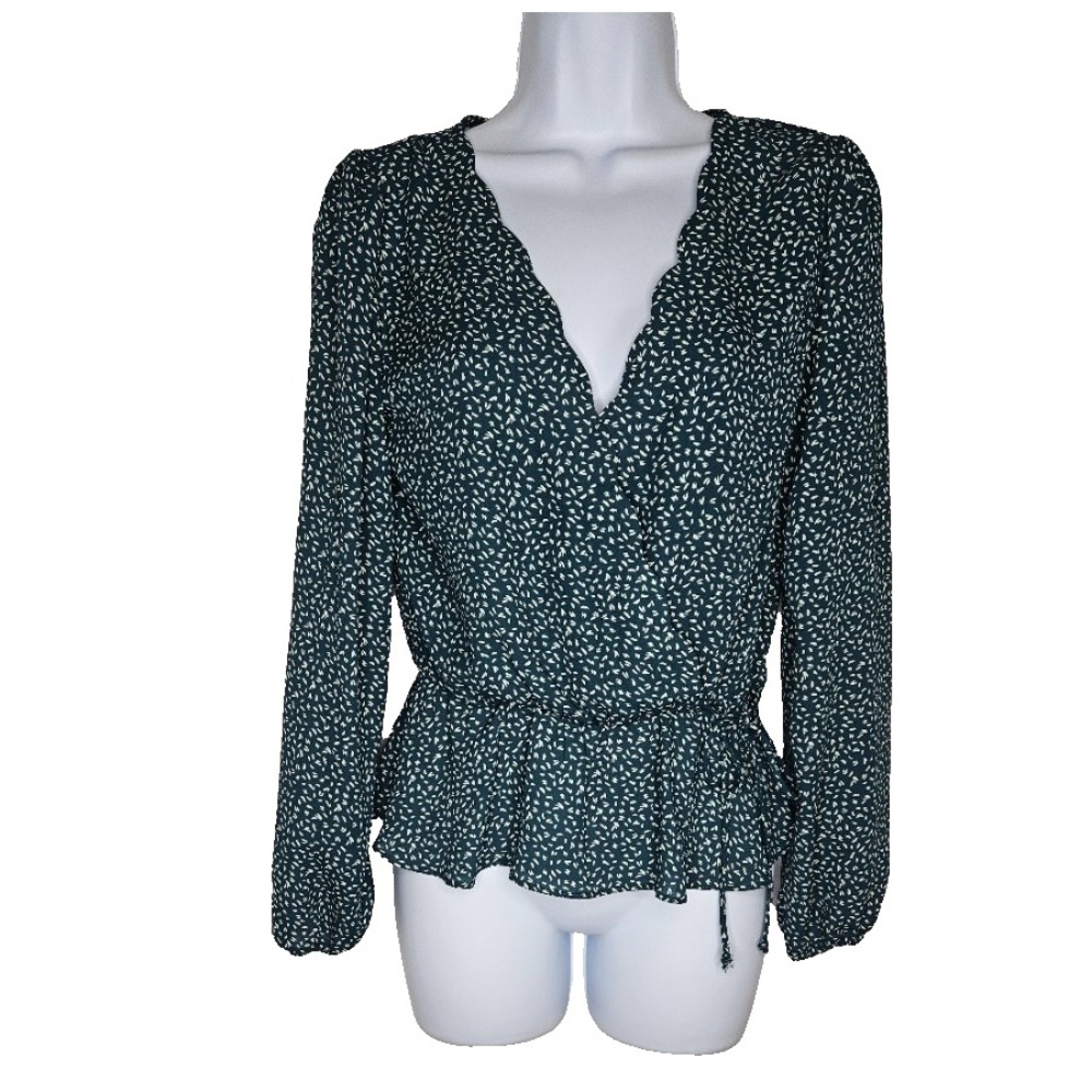 Nine Britton S Teal Speckle Faux Wrap Peplum Blouse Boho Romantic Career